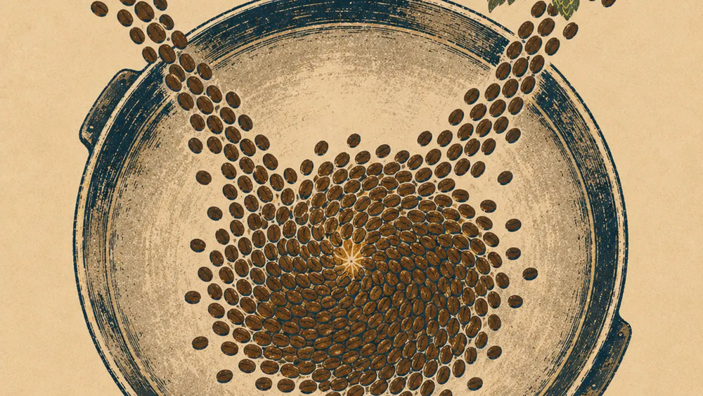 Coffee beans from two roasts swirling together in a vintage illustrated roasting tray