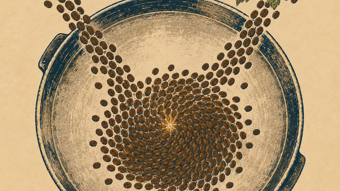Coffee beans from two roasts swirling together in a vintage illustrated roasting tray
