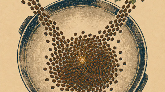 Coffee beans from two roasts swirling together in a vintage illustrated roasting tray